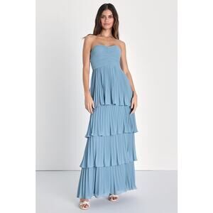 NWOT Lulus Seriously Sensational Light Blue Strapless Tiered Maxi Dress Size L